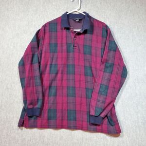 Land End Shirt Mens XL Red Rugby Plaid Polo Golf Performance Slit Vintage